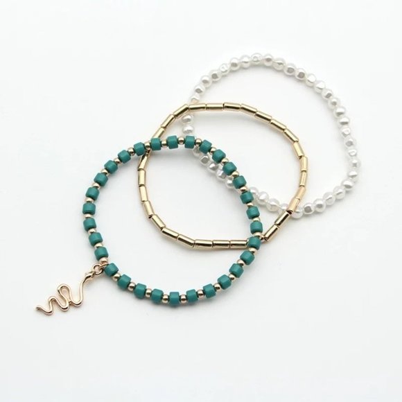 3 Bohemian bracelets set golden snake turquoise pearl gold multi layer stretch b - Picture 4 of 6